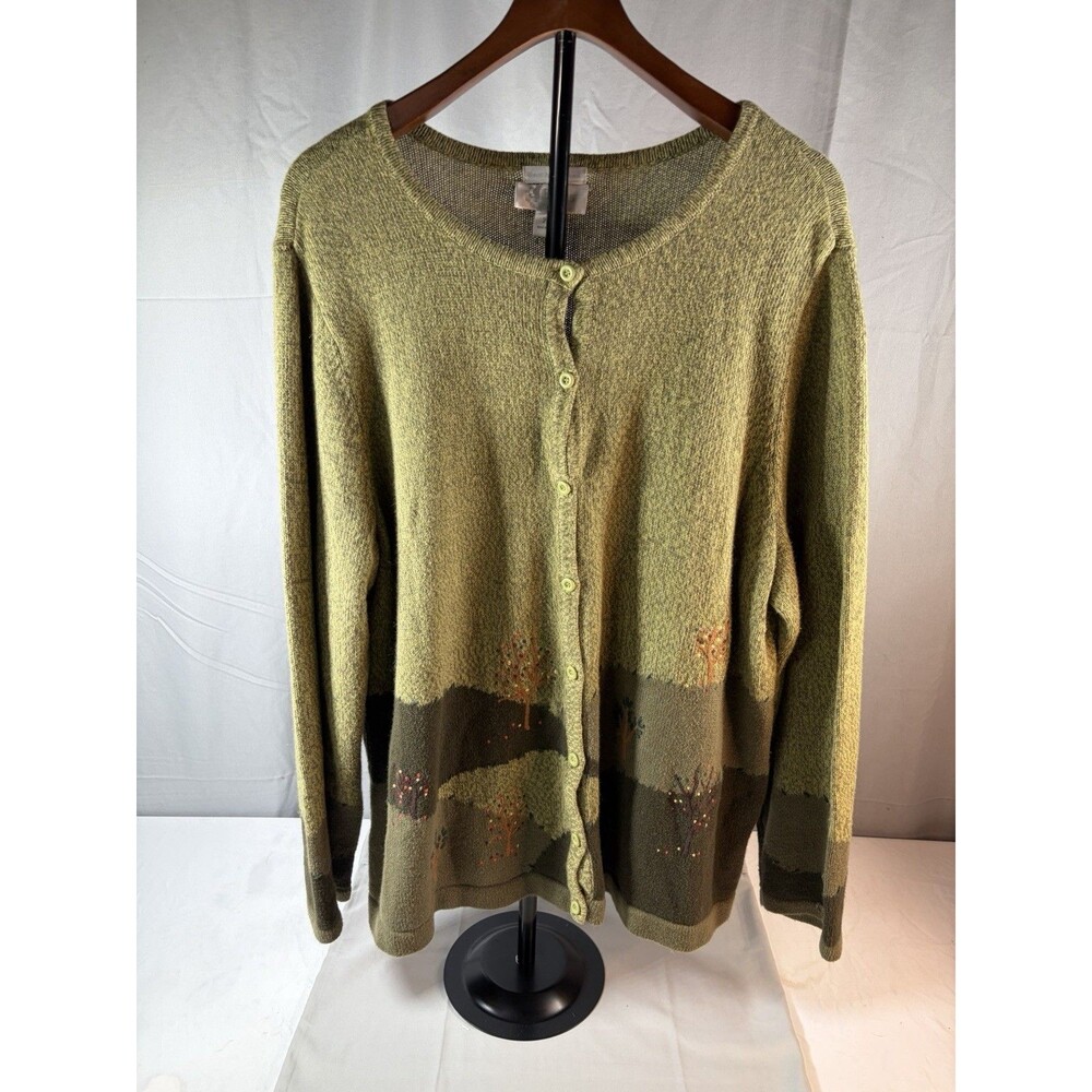 Christopher & Banks Fall Cardigan Sweater 2XL Hand Embroidered Light Green EUC
